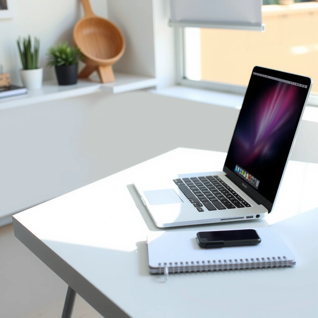 Clean modern desk setup with design tools and laptop