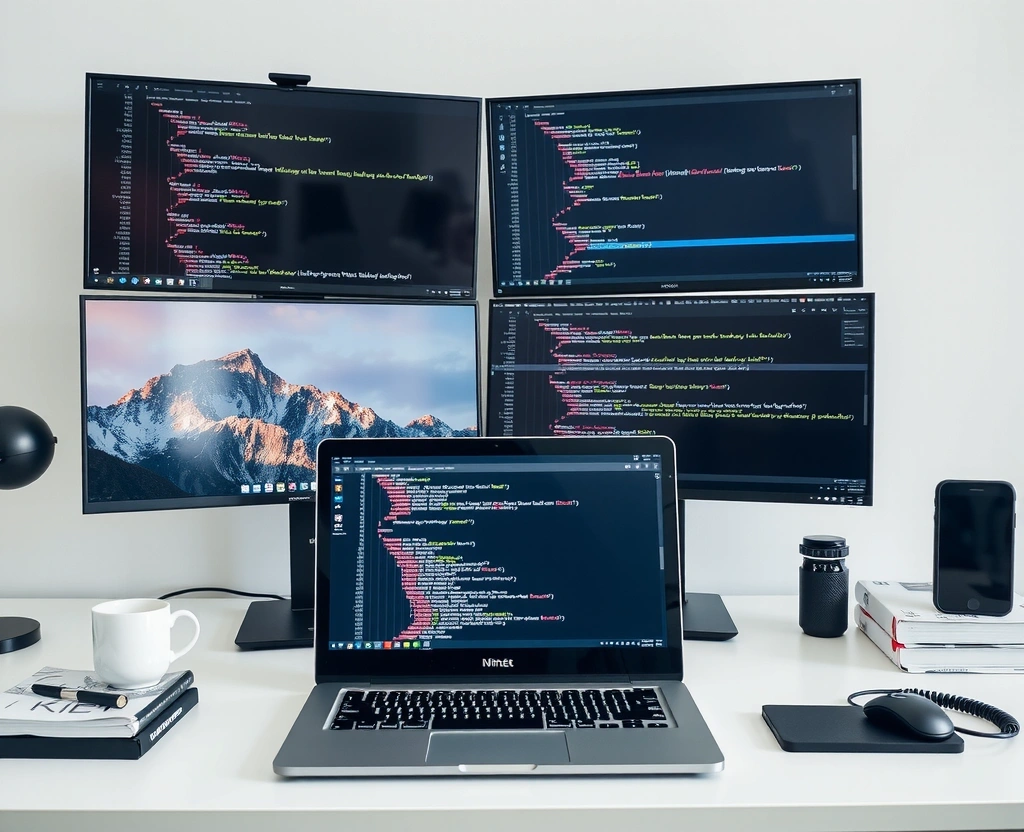 Web development coding workspace with multiple monitors
